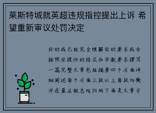 莱斯特城就英超违规指控提出上诉 希望重新审议处罚决定